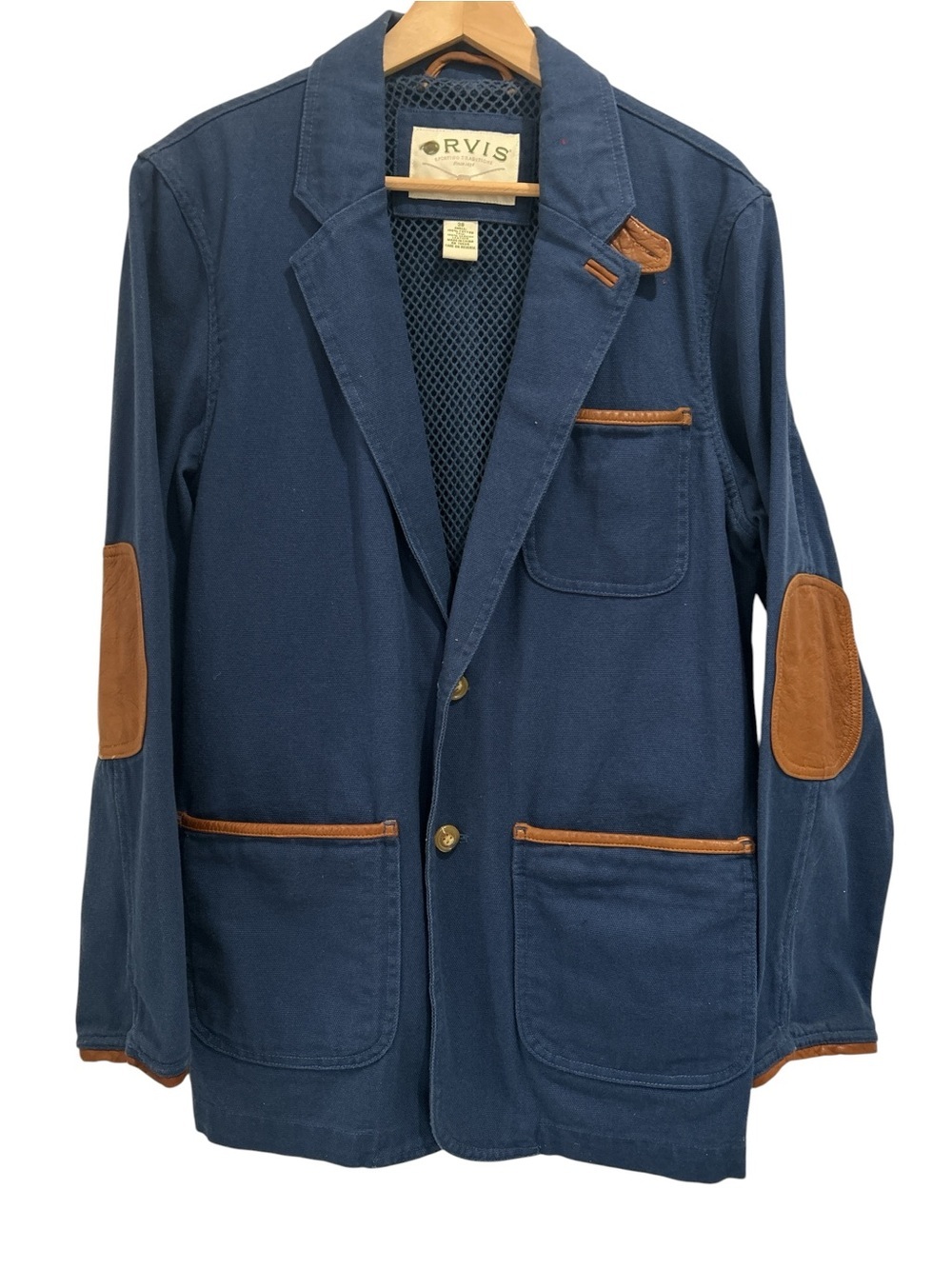 Orvis Zambezi Navy Cotton Twill Safari Field Jacket - Leather Elbow Patches/Trim